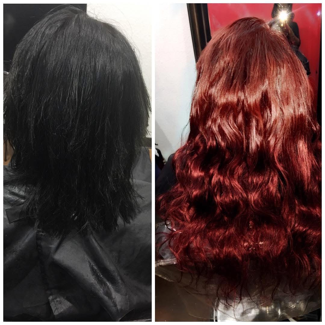 Before and after: black hair transformed into vibrant red curls