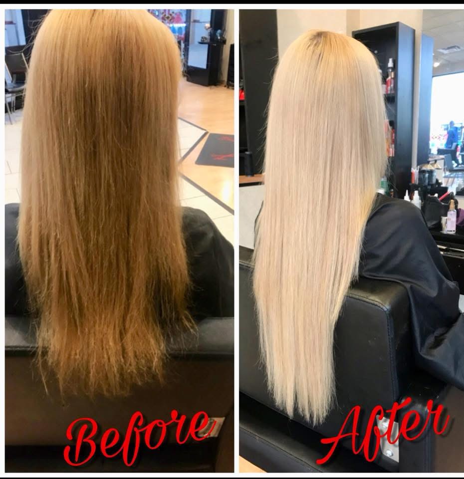 Before and after: brunette hair transformed into platinum blonde